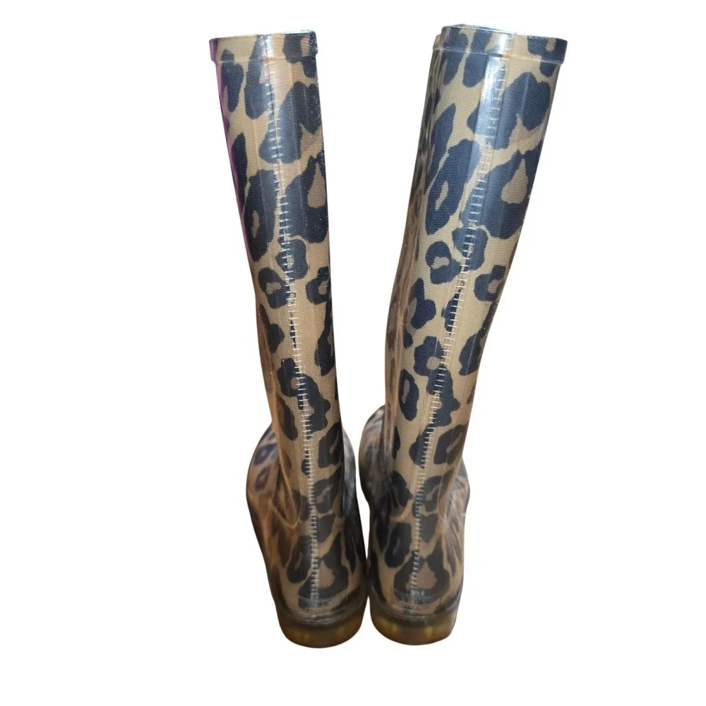 Coach Rain Boots Women 7 Leopard Print Brown Tristee‎ Tall Rubber Lug